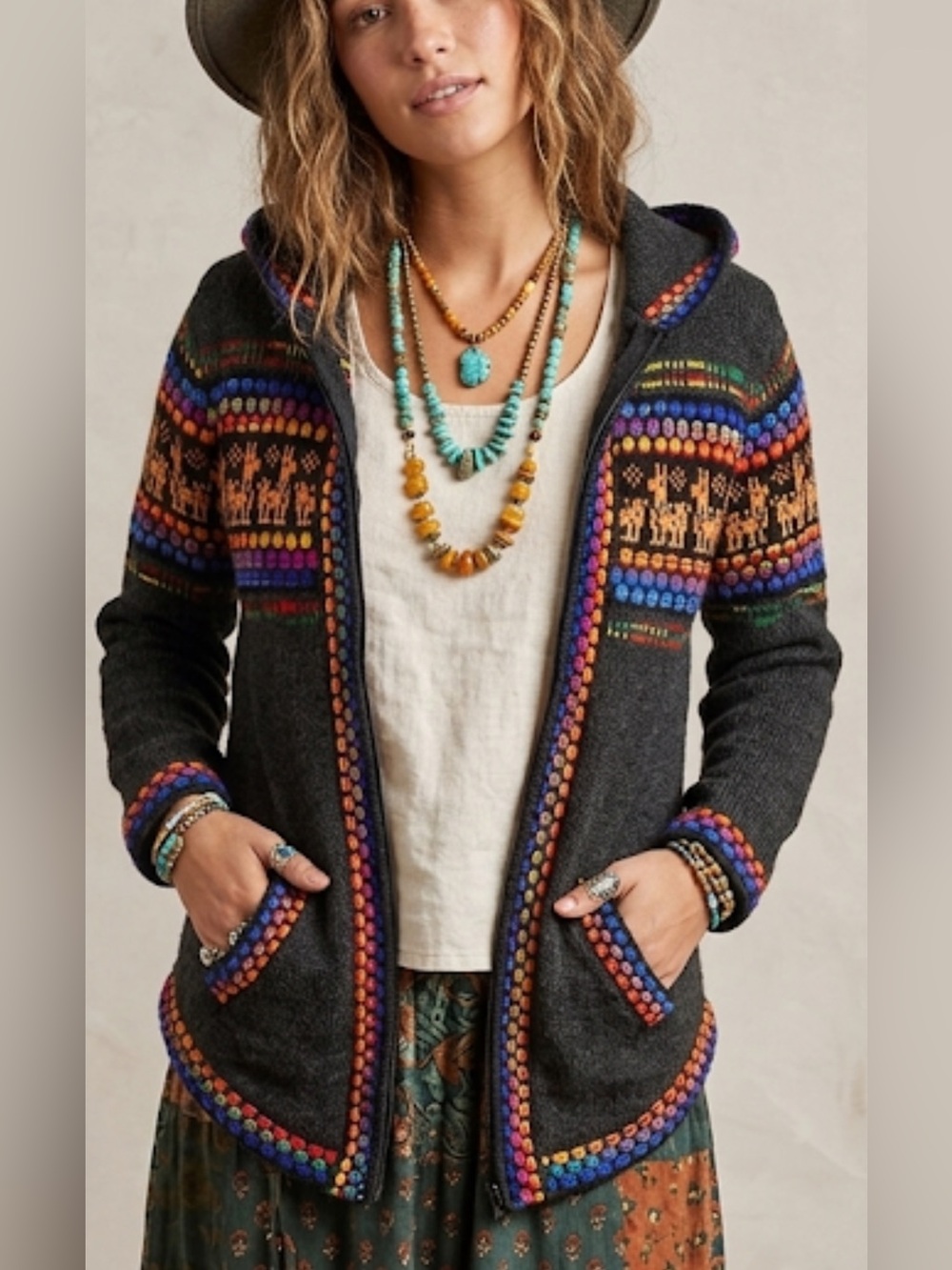 Peruvian-Style Knit Hooded Cardigan – Fits Like Small